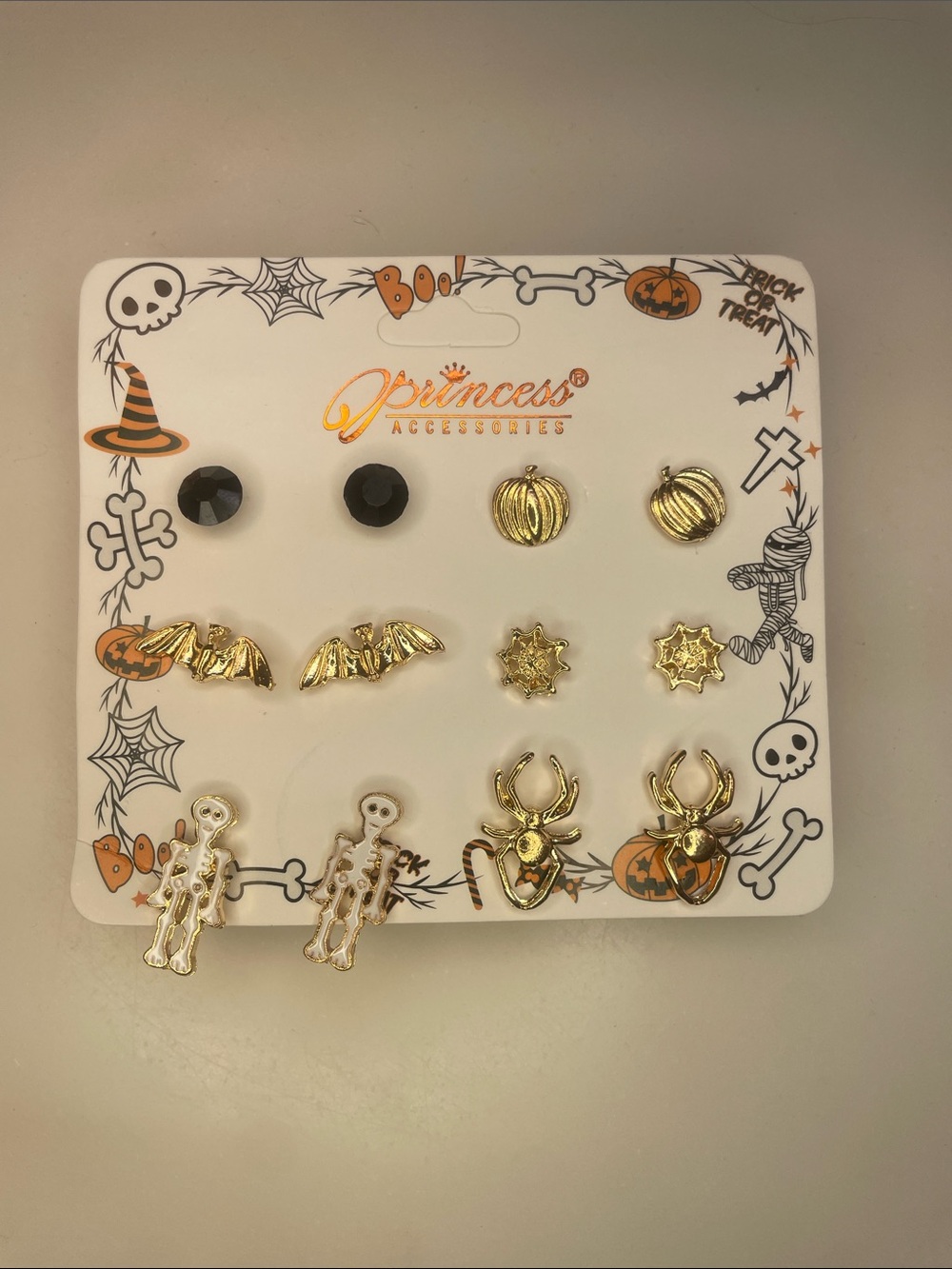 Halloween Earring Set - Gold Pumpkin, White Skeleton & Black stud